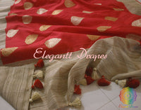 Gorgeous Red Banarasi Handloom Pure Tussar Silk Saree | Elegantt Drapes