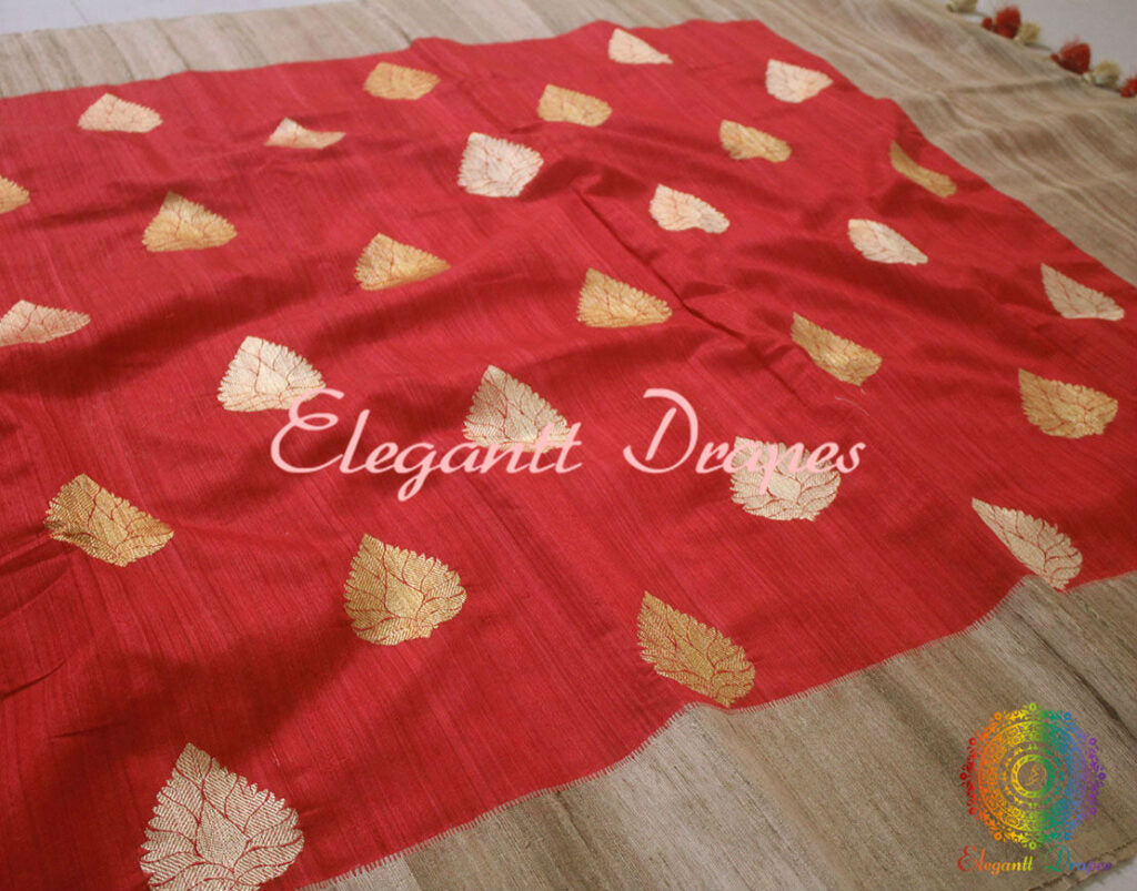 Gorgeous Red Banarasi Handloom Pure Tussar Silk Saree | Elegantt Drapes