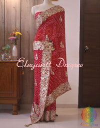 Red Gota Patti Handwork Pure Rai Bandhej Saree