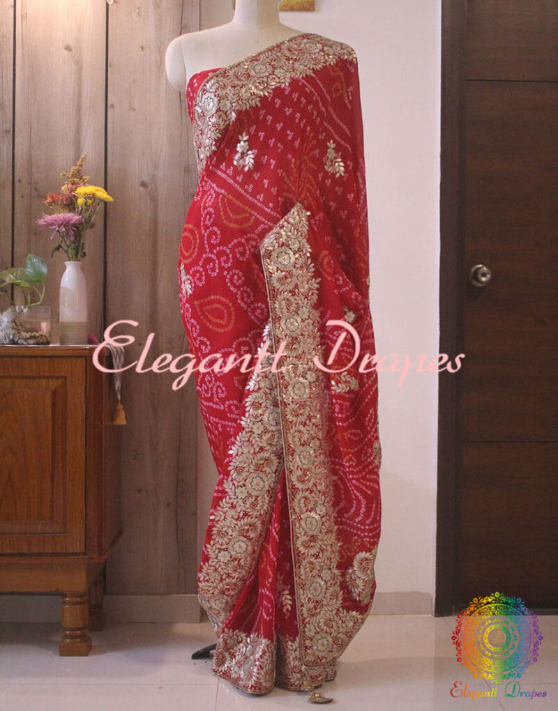 Red Gota Patti Handwork Pure Rai Bandhej Saree