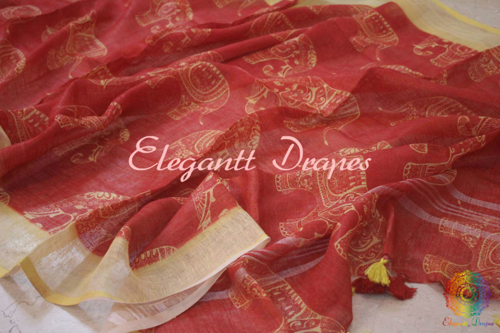 Red Digital Printed Pure Linen Dupatta | Elegantt Drapes