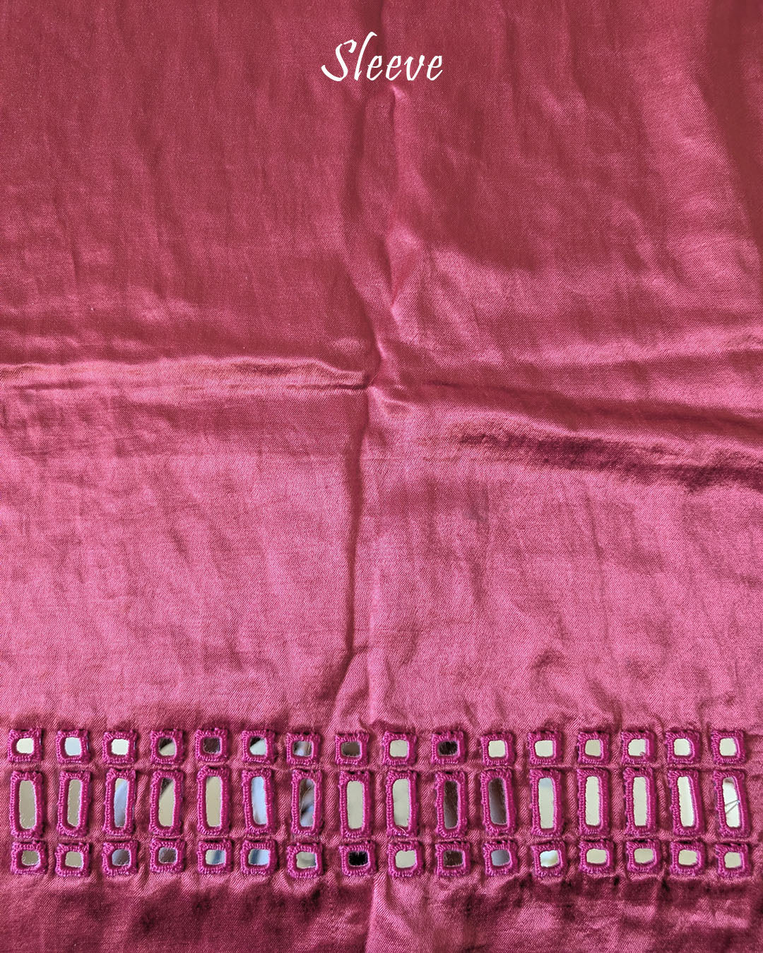 Close-up of Kutch mirror embroidery on sleeve of Rose Pink Mashru Silk Blouse Piece