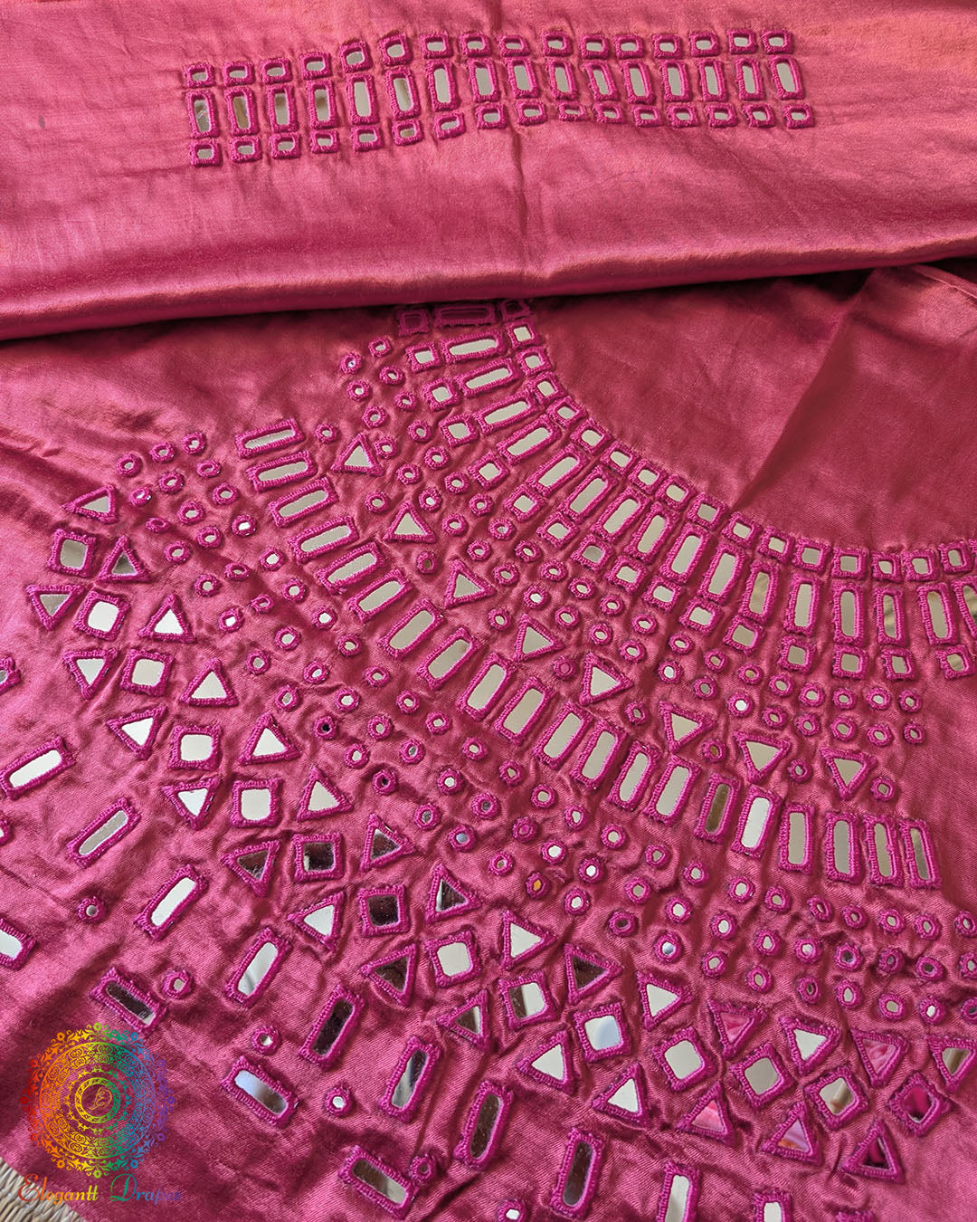 Rose Pink Mashru Silk Kutch Mirror Work Blouse Piece full view