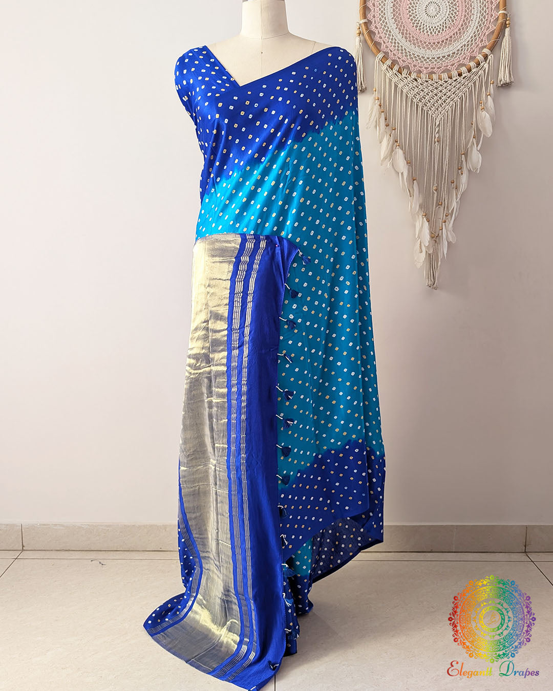 Royal Blue Shaded Pure Gajji Silk Saree pallu with Bandhani Dots