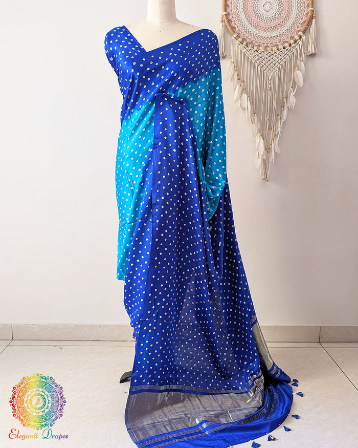Royal Blue Shaded Pure Gajji Silk Saree with All-Over Bandhani Dots front view