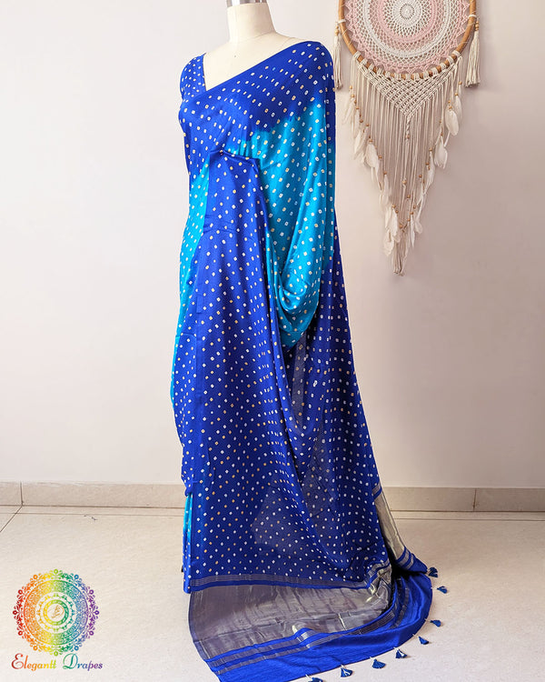 Royal Blue to Light Blue Shaded Pure Gajji Silk Bandhani Saree side view