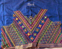 Royal Blue Mangalgiri Cotton Lambani Embroidered Blouse Piece back with intricate hand embroidery