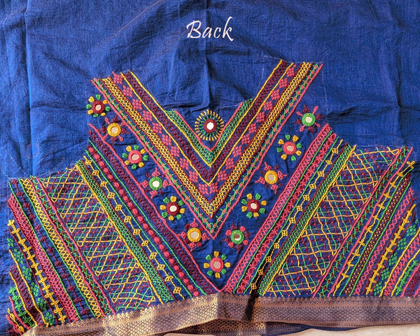Royal Blue Mangalgiri Cotton Lambani Embroidered Blouse Piece back with intricate hand embroidery