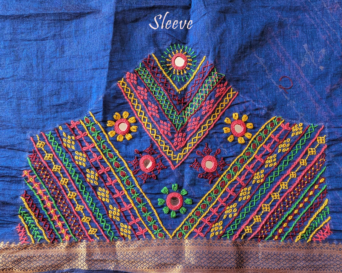 Close-up of Lambani embroidered sleeve on Royal Blue Mangalgiri Cotton Blouse Piece