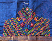 Close-up of Lambani embroidered sleeve on Royal Blue Mangalgiri Cotton Blouse Piece
