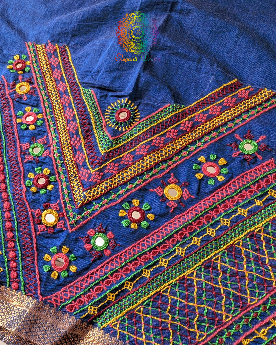 Close-up of Lambani hand embroidery on the back of Royal Blue Mangalgiri Cotton Blouse Piece