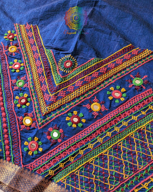 Close-up of Lambani hand embroidery on the back of Royal Blue Mangalgiri Cotton Blouse Piece