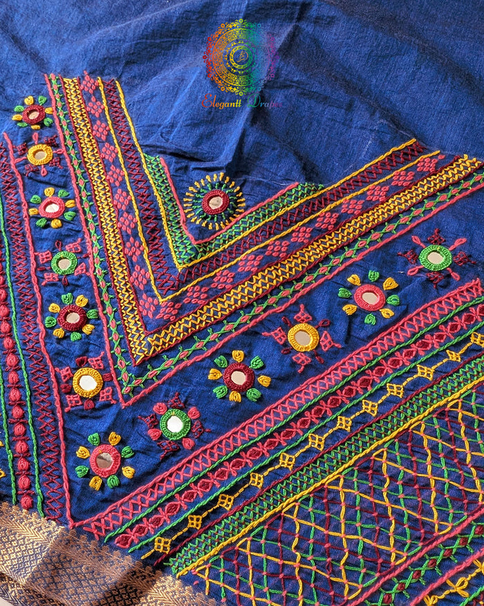 Close-up of Lambani hand embroidery on the back of Royal Blue Mangalgiri Cotton Blouse Piece