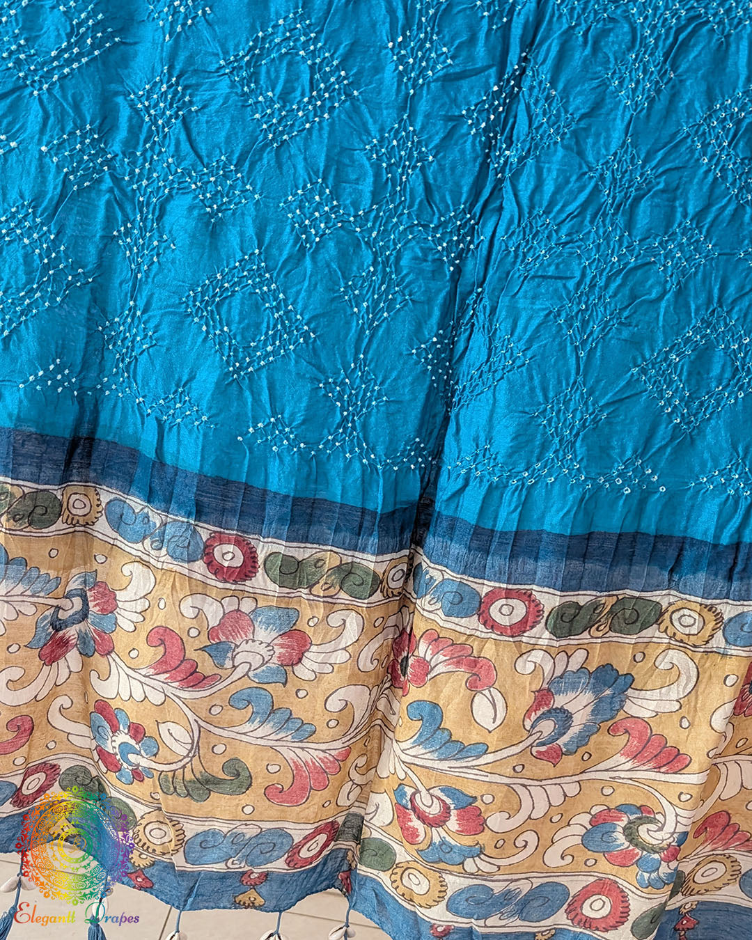 Royal Blue Muga Silk Dupatta with Bandhani body and hand-painted Kalamkari border