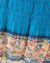 Royal Blue Muga Silk Dupatta with Bandhani body and hand-painted Kalamkari border