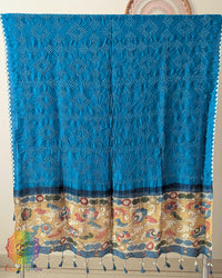 Royal Blue Bandhani Kalamkari Muga Silk Dupatta for festive and traditional wear