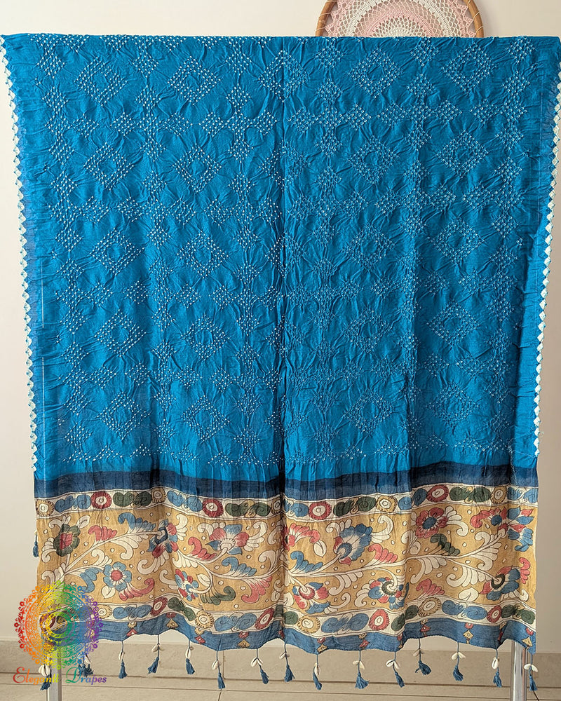 Royal Blue Bandhani Kalamkari Muga Silk Dupatta for festive and traditional wear