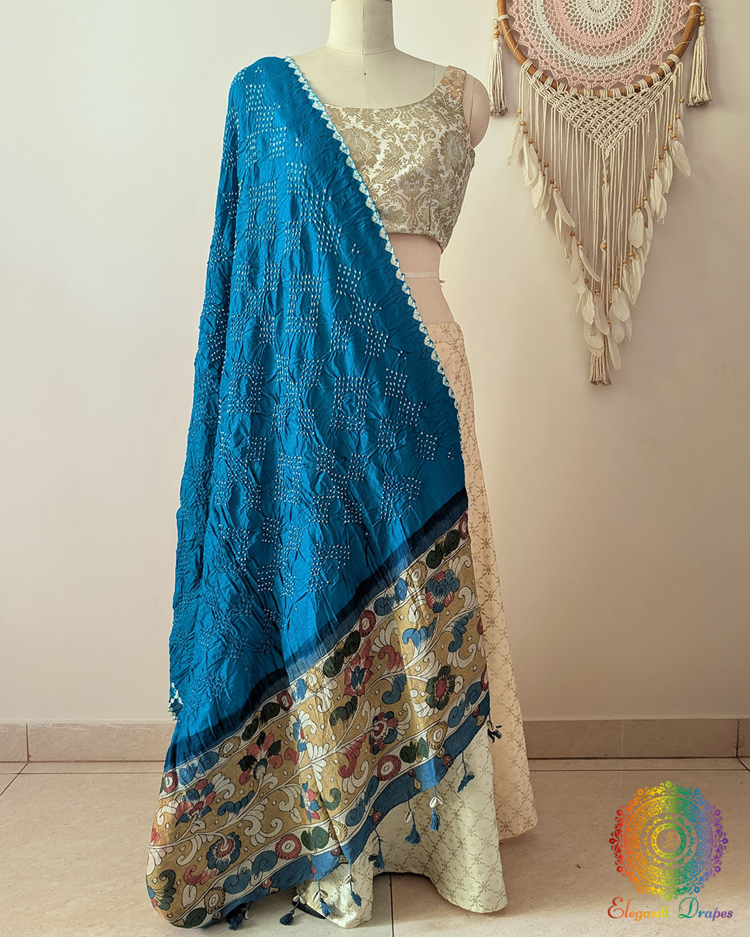 Royal Blue Bandhani Kalamkari Muga Silk Dupatta full draped view on mannequin