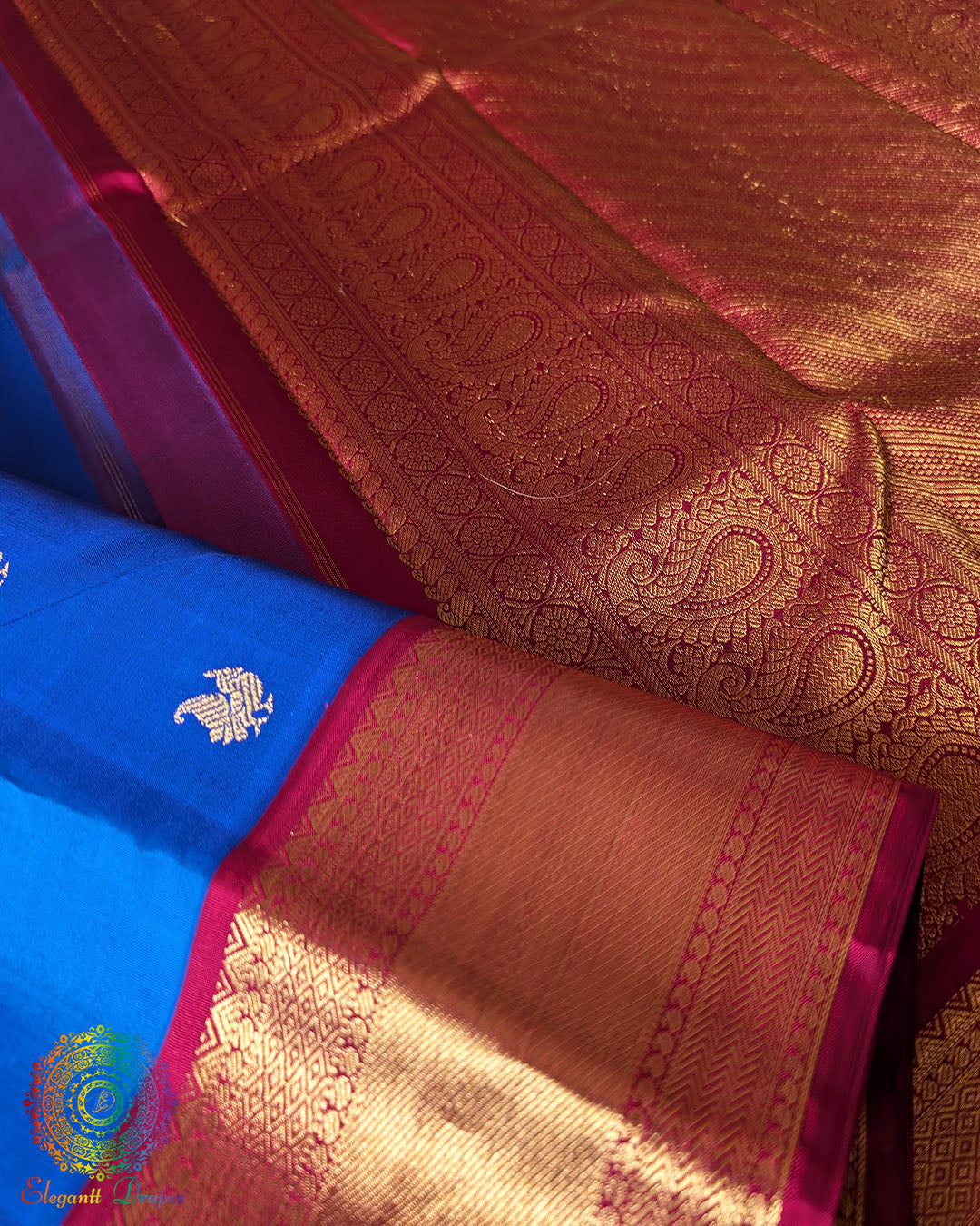 Detailed view of woven zari motifs on red border of Kanjivaram saree