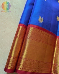 Royal blue Kanjivaram silk saree body close up highlighting rich zari weaving