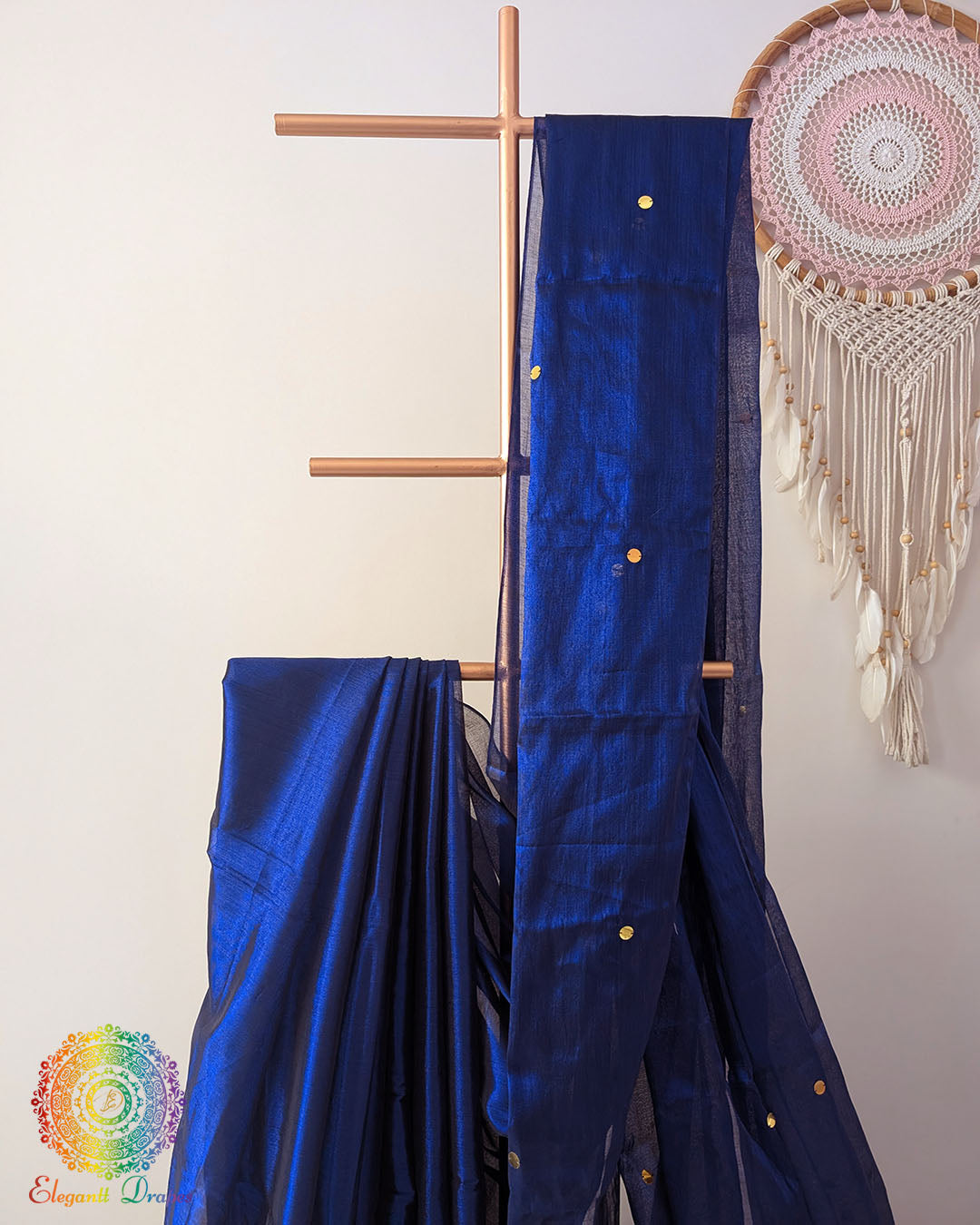 Close up of royal blue Bengal mul tissue saree with sequins work