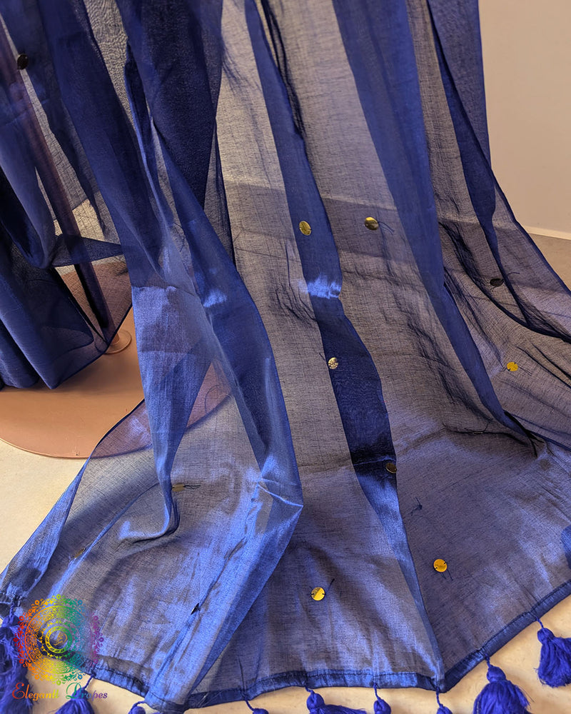 Royal blue Bengal mul tissue saree open palla view showing sequins detailing