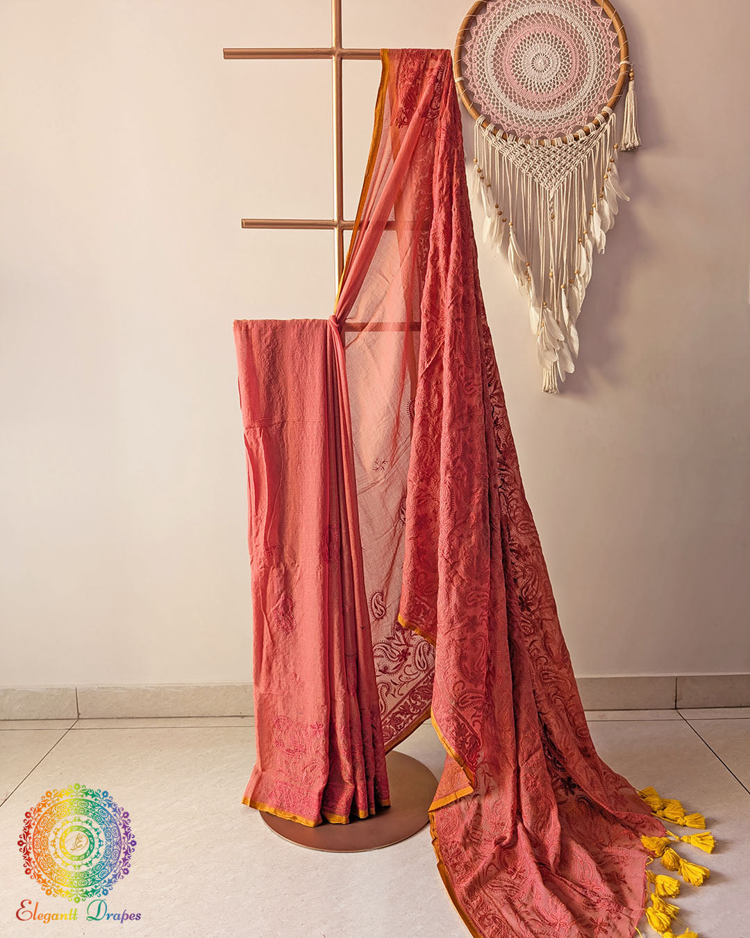 Rust brown Bengal cotton saree with Chikankari-inspired threadwork showing elegant drape