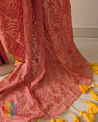 Rust brown cotton saree showcasing intricate paisley threadwork motifs
