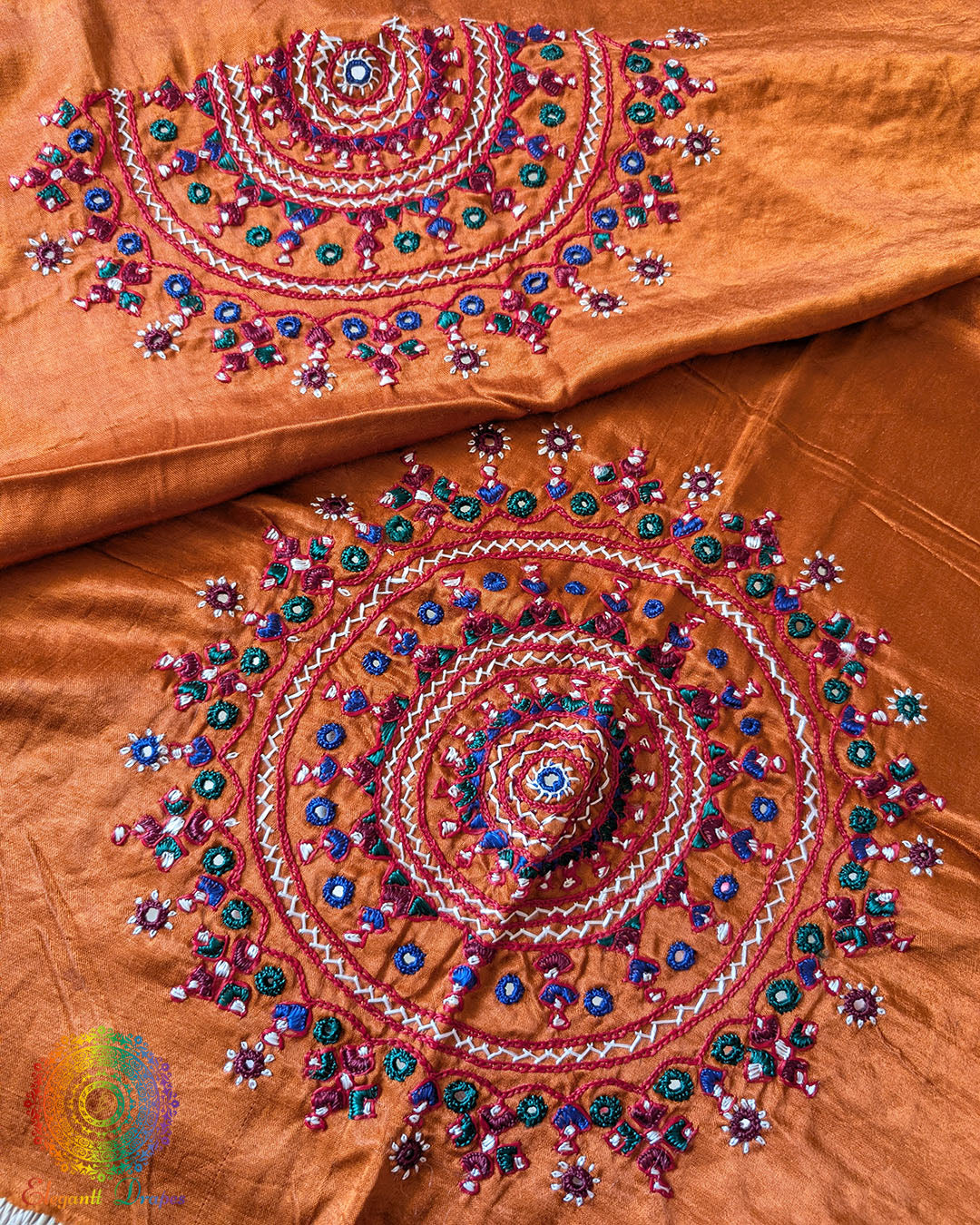 Rust Orange Mashru Silk Bavadiya Handwork Blouse Piece back and sleeve