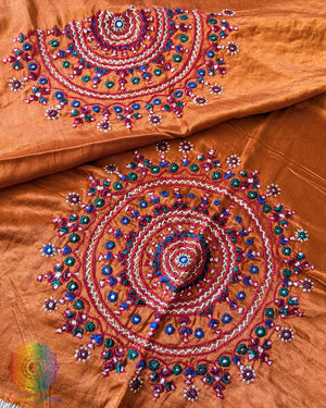 Rust Orange Mashru Silk Bavadiya Handwork Blouse Piece back and sleeve