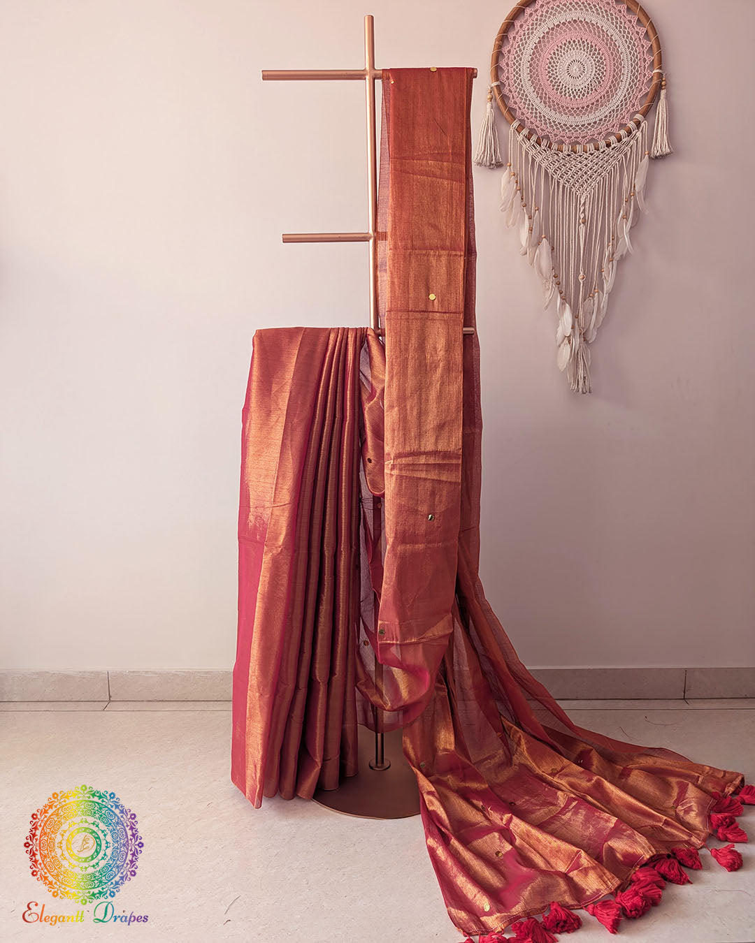 Rust orange Bengal mul tissue saree drape view with sequins work