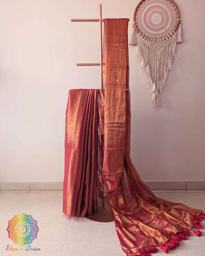 Rust orange Bengal mul tissue saree drape view with sequins work