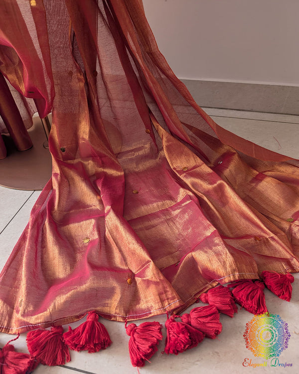 Rust orange Bengal mul tissue saree open palla view showing sequins detailing