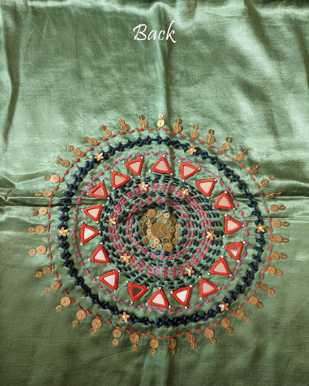 Back View of Sage Green Mashru Silk Kutch Handwork Blouse Piece