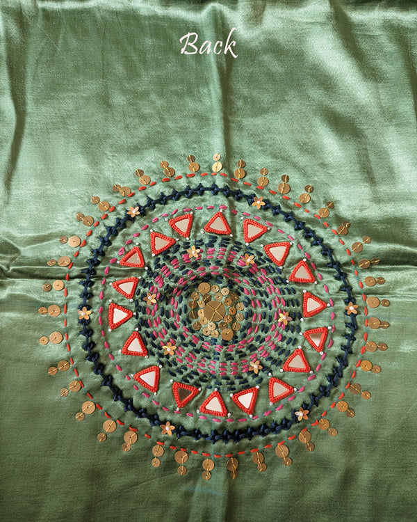 Back View of Sage Green Mashru Silk Kutch Handwork Blouse Piece
