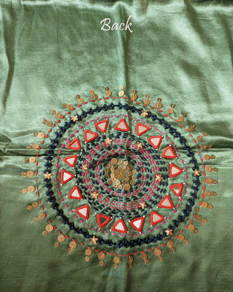 Back View of Sage Green Mashru Silk Kutch Handwork Blouse Piece
