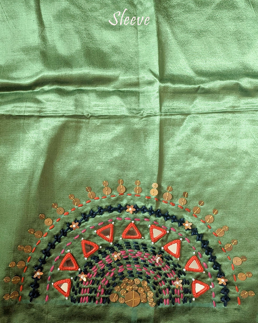 Sleeve Detail of Sage Green Mashru Silk Blouse with Kutch Handwork, Mirrors and Sequins