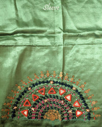 Sleeve Detail of Sage Green Mashru Silk Blouse with Kutch Handwork, Mirrors and Sequins