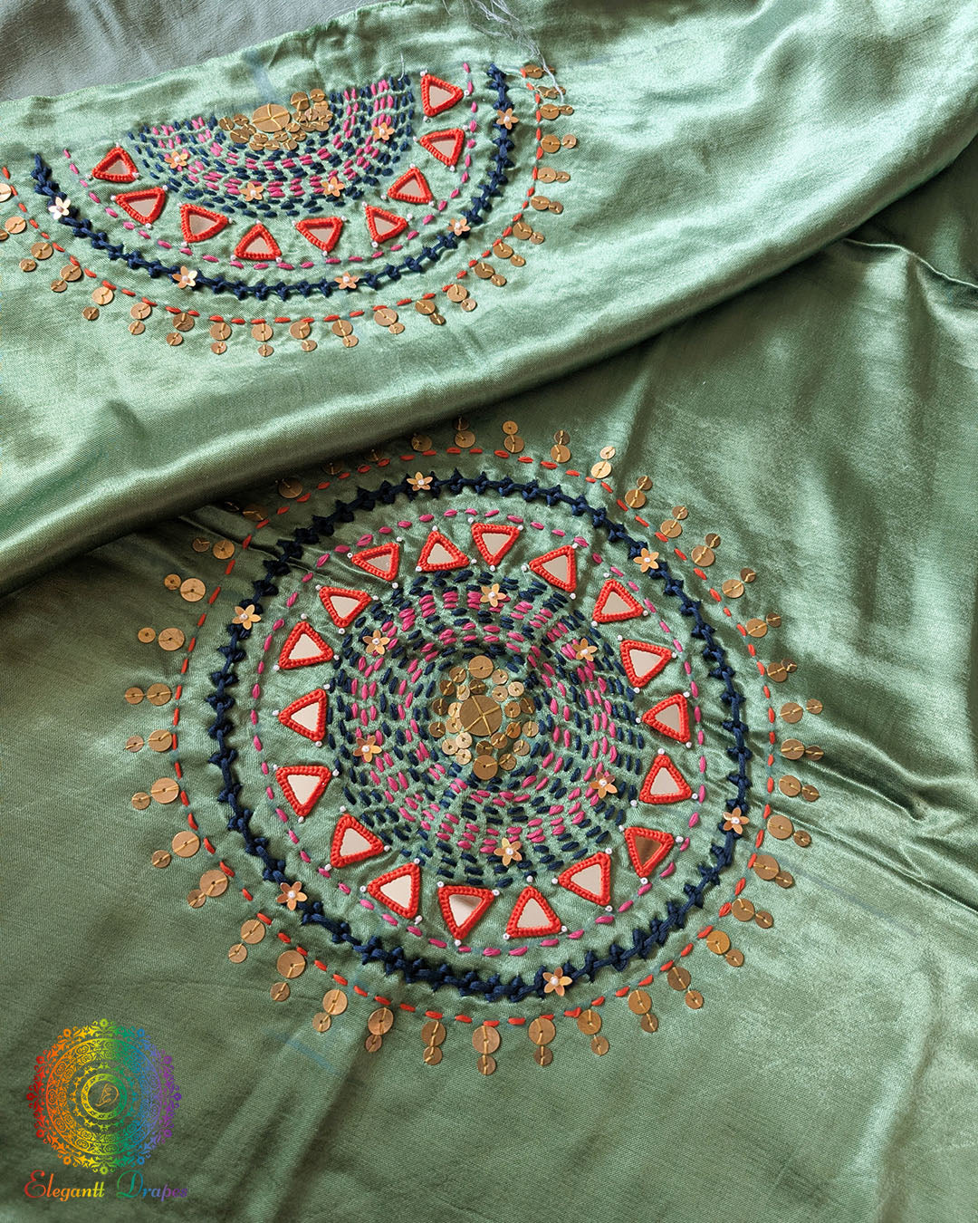 Sage Green Mashru Silk Kutch Handwork Blouse Front View with Mirror and Sequin Work