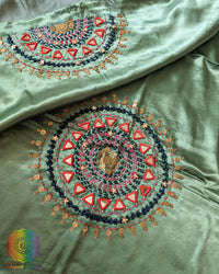 Sage Green Mashru Silk Kutch Handwork Blouse Front View with Mirror and Sequin Work