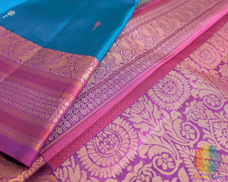 Sapphire blue handwoven Kanjivaram silk saree rani border alternate view