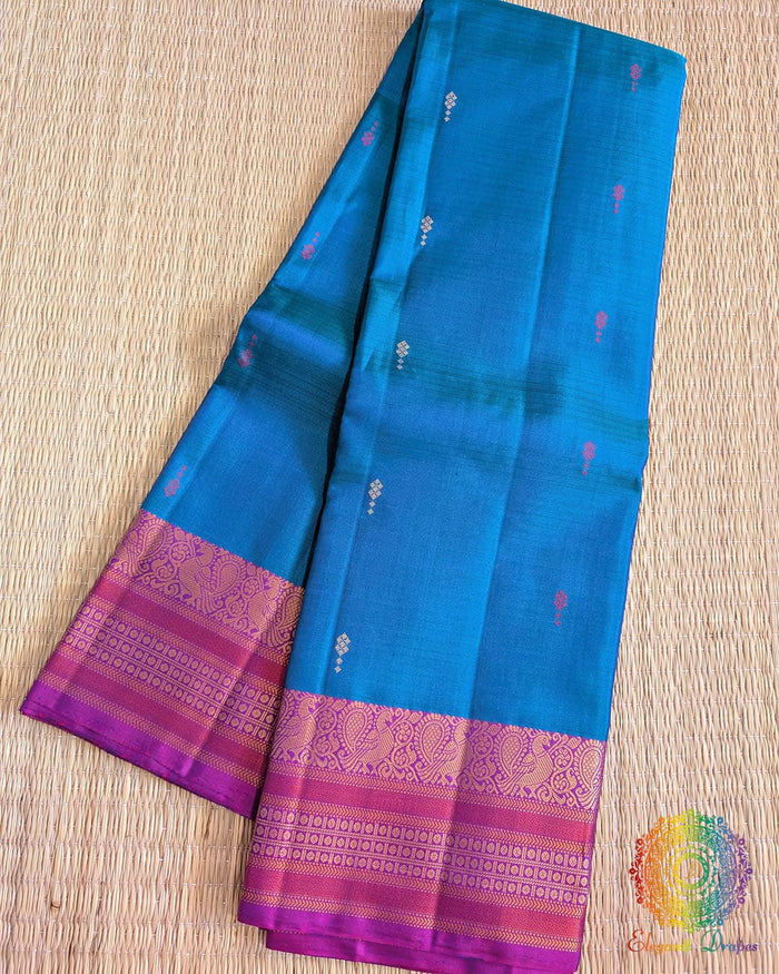 Sapphire blue pure Kanjivaram silk saree with rani border thread weave Elegantt Drapes