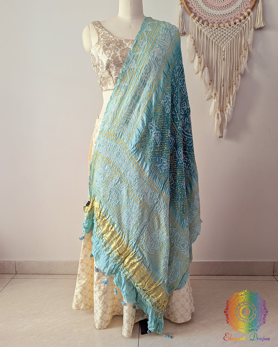 Blue bandhani dupatta detailed raas mandal pattern