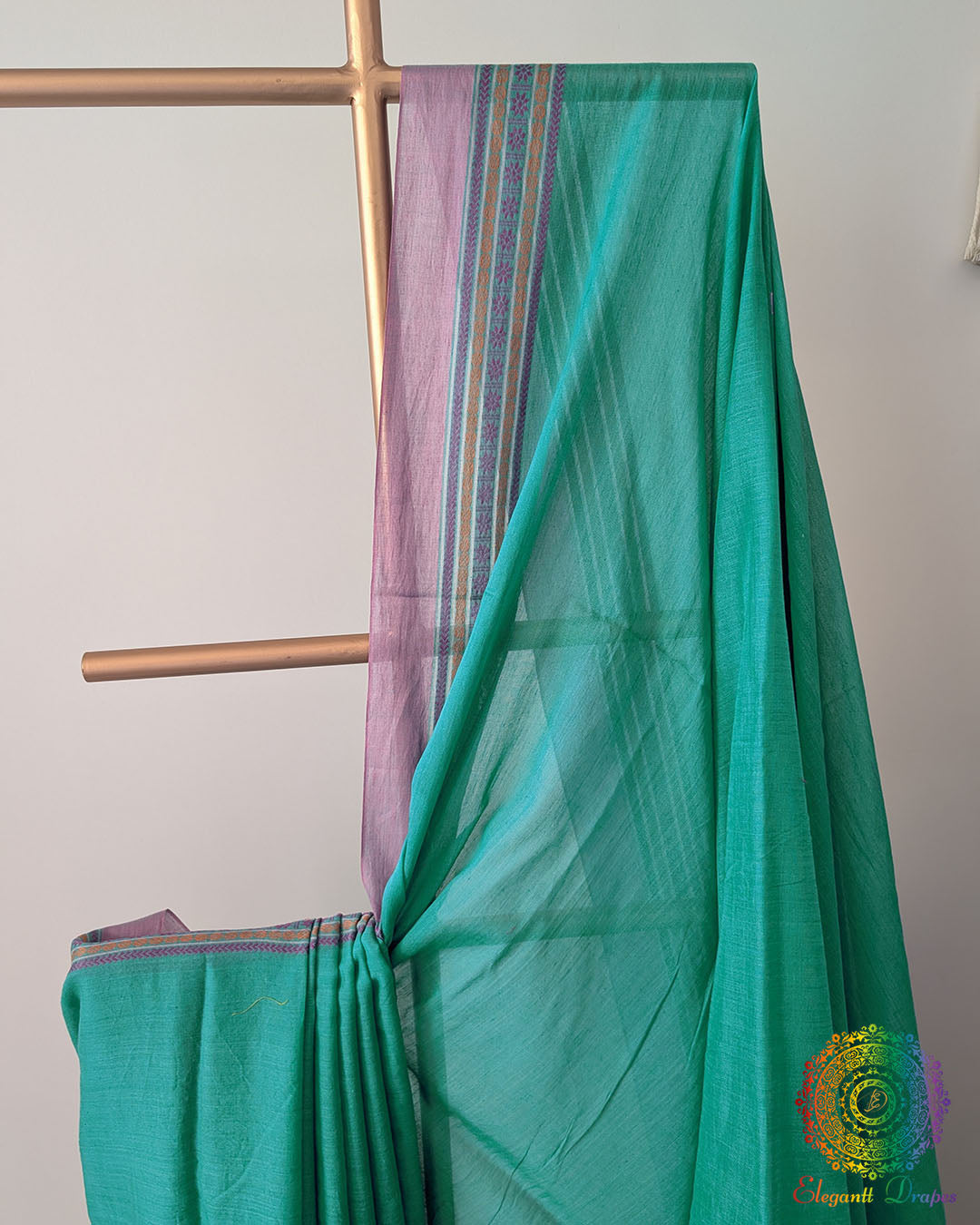 Sea green bengal cotton saree showing full drape