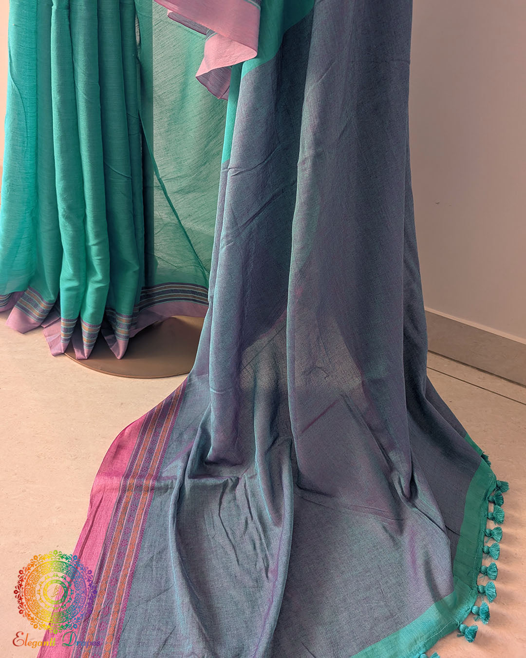 Sea green bengal cotton saree open view displaying overall design