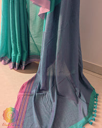 Sea green bengal cotton saree open view displaying overall design