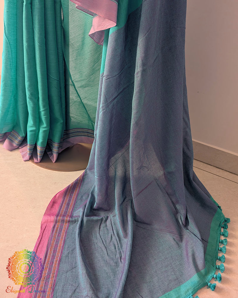 Sea green bengal cotton saree open view displaying overall design