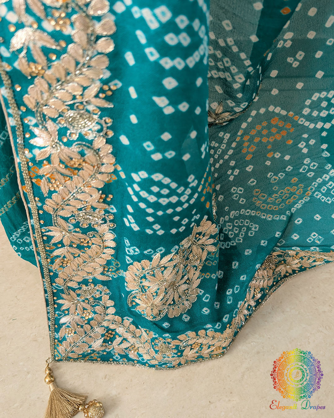 Full pallu view of the Turquoise Bandhani Gota Patti Pure Chinon Saree featuring intricate traditional craftsmanship