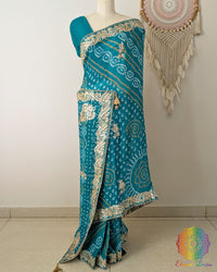 Turquoise Bandhani Gota Patti Pure Chinon Saree front drape showcasing elegant Bandhani patterns and Gota Patti handwork