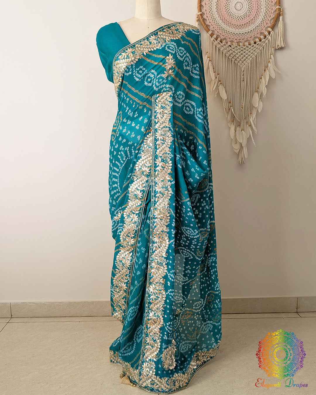 Turquoise Pure Chinon Saree with Bandhani design and intricately handcrafted Gota Patti pallu